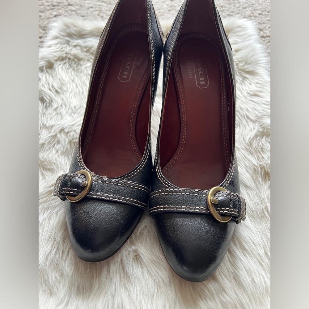 Coach Black Leather Heels with Gold Buckle